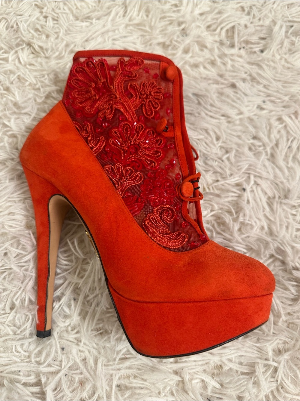 Charlotte Olympia Suede Ankle Lace platform Boots in red size 5.5
